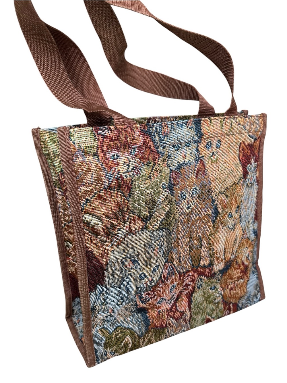 Vintage 90s Woven Cat Kitten Tapestry Tote Purse Cottagecore